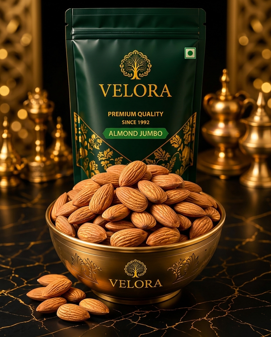 Almond Jumbo - Velora premium luxury pouch in brass bowl